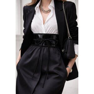 ZAPA Black Patent Leather Corset Waist Belt Suede Trim Lace-Up France